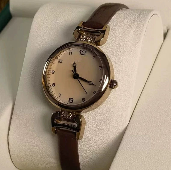 Wholesale Light Luxury Style Women's Quartz Watch With Round Dial Alloy Case Genuine Leather Strap And Spiral Crown Simple Elegant Retro Digital Watch