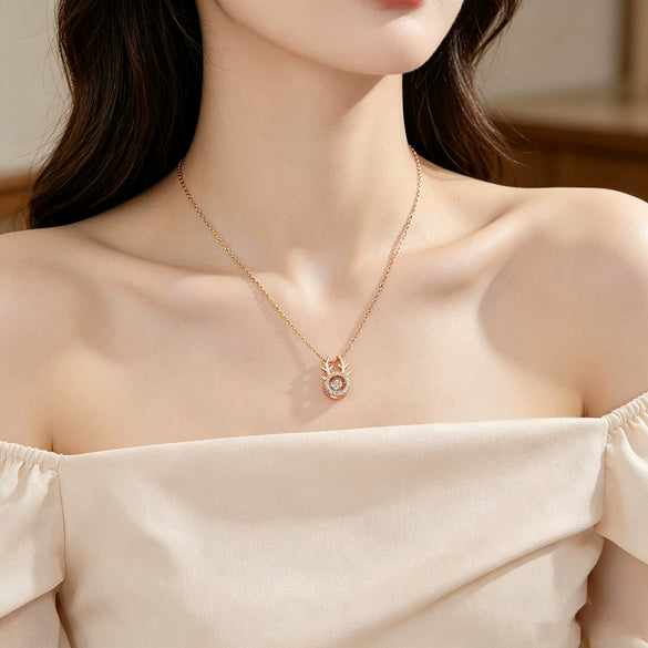 Wholesale Light Luxury Style Women's Titanium Steel Oshaped Chain Necklace With Antler Design And Copper Inlaid Zircon Pendant Featuring Enhance Color Retention