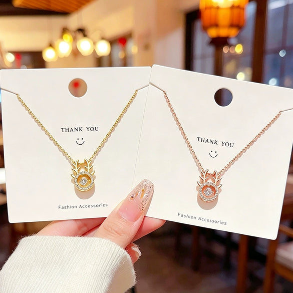 Wholesale Light Luxury Style Women's Titanium Steel Oshaped Chain Necklace With Antler Design And Copper Inlaid Zircon Pendant Featuring Enhance Color Retention