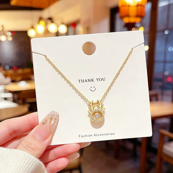 Wholesale Light Luxury Style Women's Titanium Steel Oshaped Chain Necklace With Antler Design And Copper Inlaid Zircon Pendant Featuring Enhance Color Retention