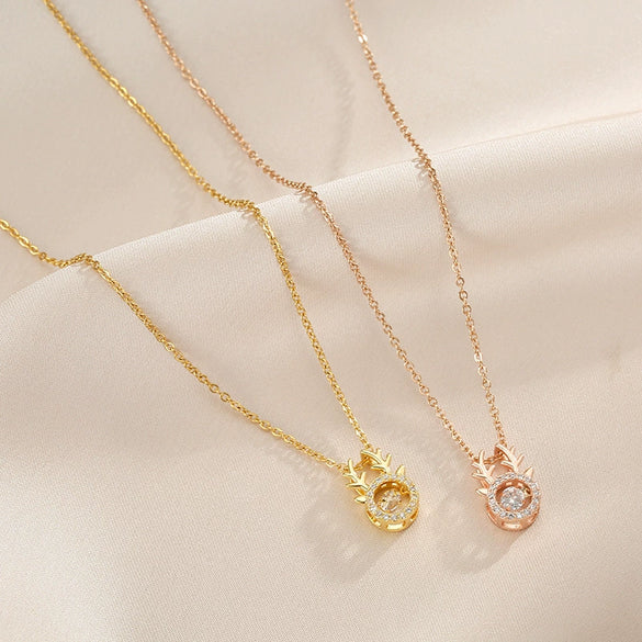 Wholesale Light Luxury Style Women's Titanium Steel Oshaped Chain Necklace With Antler Design And Copper Inlaid Zircon Pendant Featuring Enhance Color Retention