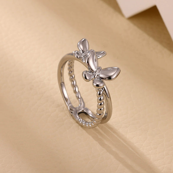 Wholesale Light Luxury Sweet Highend Threedimensional Butterfly Gold Plated Doublelayer Women's Ring