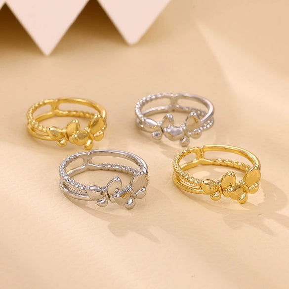 Wholesale Light Luxury Sweet Highend Threedimensional Butterfly Gold Plated Doublelayer Women's Ring