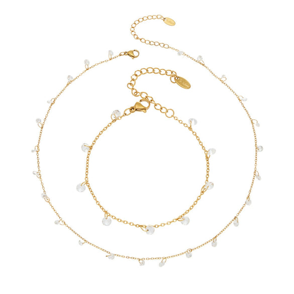 Wholesale Light Luxury Tassel Design 5A Zircon Stainless Steel 18K Gold Plated Collarbone Necklace And Bracelet Set For Women