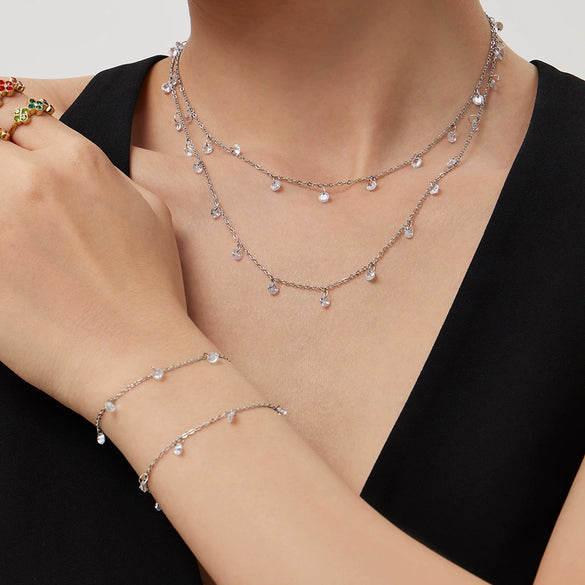Wholesale Light Luxury Tassel Design 5A Zircon Stainless Steel 18K Gold Plated Collarbone Necklace And Bracelet Set For Women
