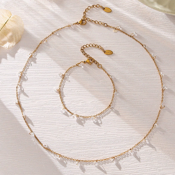 Wholesale Light Luxury Tassel Design 5A Zircon Stainless Steel 18K Gold Plated Collarbone Necklace And Bracelet Set For Women