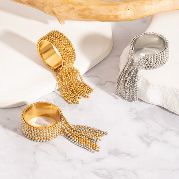 Wholesale Light Luxury Tassel Open Ring Stainless Steel Jewelry With Geometric Design Vacuum Real Gold Electroplated In Pvd Furnace