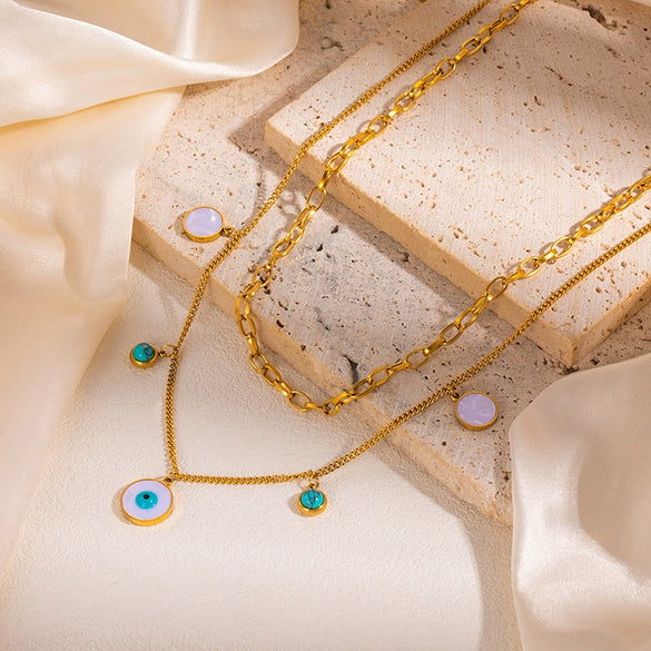 Wholesale Light Luxury Titanium Steel And Stainless Steel Round Eyes Geometric Double Layer Stacked Clavicle Chain With Electroplating For Women