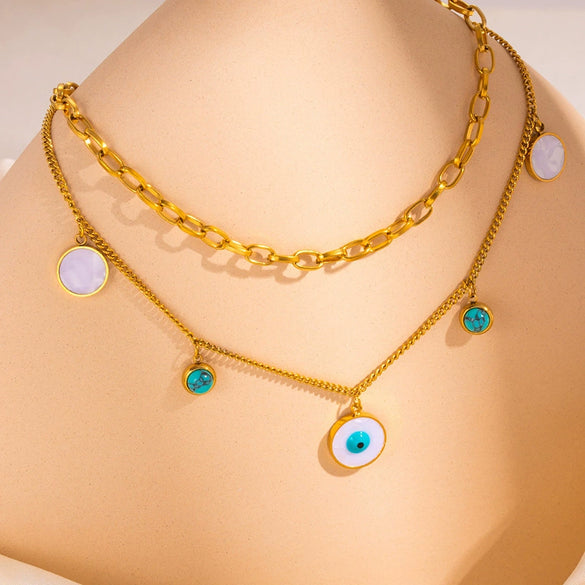 Wholesale Light Luxury Titanium Steel And Stainless Steel Round Eyes Geometric Double Layer Stacked Clavicle Chain With Electroplating For Women