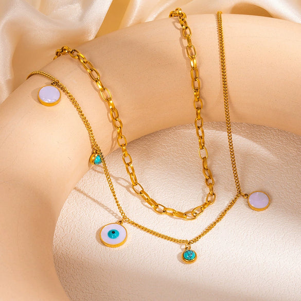 Wholesale Light Luxury Titanium Steel And Stainless Steel Round Eyes Geometric Double Layer Stacked Clavicle Chain With Electroplating For Women