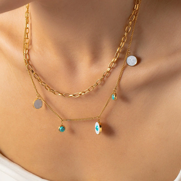 Wholesale Light Luxury Titanium Steel And Stainless Steel Round Eyes Geometric Double Layer Stacked Clavicle Chain With Electroplating For Women