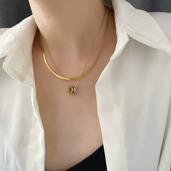 Wholesale Light Luxury Titanium Steel Doublering Snake Bone Chain Geometric Electroplated Unisex Necklace