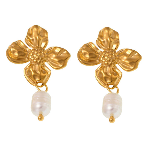 Wholesale Light Luxury 316L Stainless Steel Freshwater Pearl Flower Earrings With Pleated Petal Tassel And Geometric Design