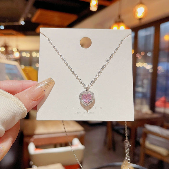 Wholesale Light Luxury Titanium Steel Women's Heart Pendant Necklace With Inlaid Zircon And Mixed Gem Inlay