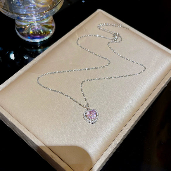 Wholesale Light Luxury Titanium Steel Women's Heart Pendant Necklace With Inlaid Zircon And Mixed Gem Inlay