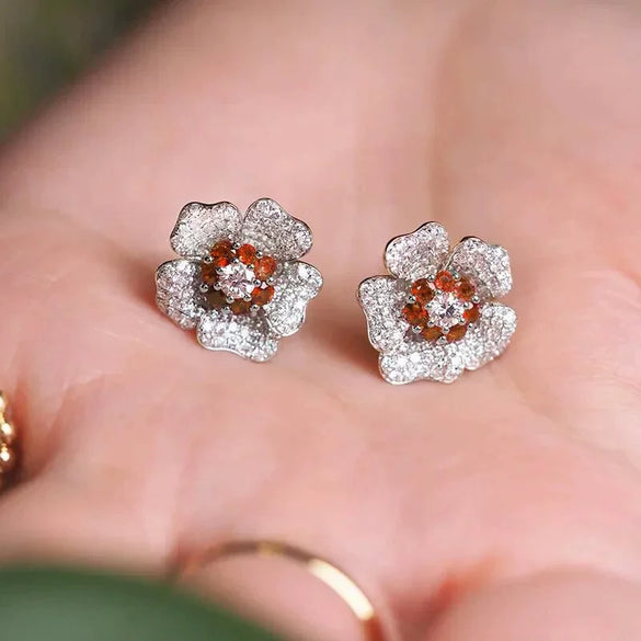 Wholesale Light Luxury Women's Copper Earrings With Inlaid Zircon And Flower Design
