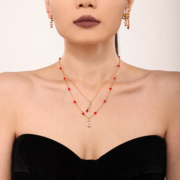 Wholesale Light Luxury Women's Garnet 316L Stainless Steel Jewelry Set With Electroplating Necklace Bracelet Earrings