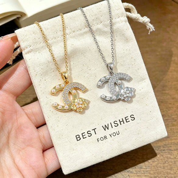 Wholesale Light Luxury Women's Letter Flower Pearl Cshaped Titanium Steel Oshaped Chain Necklace With Zircon Inlay