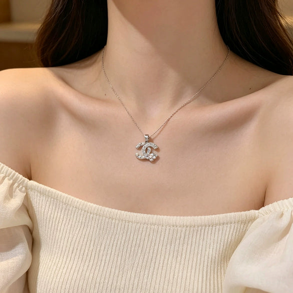 Wholesale Light Luxury Women's Letter Flower Pearl Cshaped Titanium Steel Oshaped Chain Necklace With Zircon Inlay