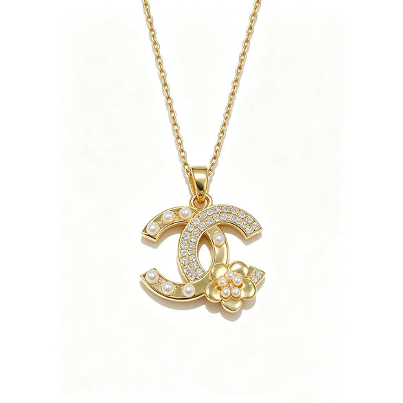 Wholesale Light Luxury Women's Letter Flower Pearl Cshaped Titanium Steel Oshaped Chain Necklace With Zircon Inlay
