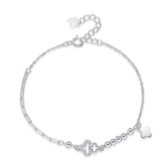 Wholesale Light Luxury Women's S925 Sterling Silver Fourleaf Clover Irregular Bracelet With Tassel And Flower Design Electroplated