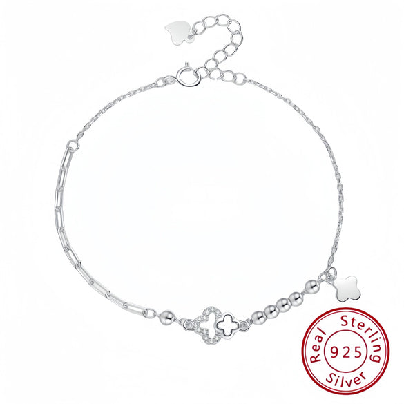 Wholesale Light Luxury Women's S925 Sterling Silver Fourleaf Clover Irregular Bracelet With Tassel And Flower Design Electroplated
