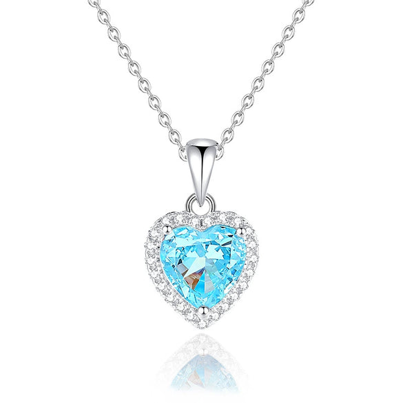 Wholesale Light Luxury Women's S925 Sterling Silver Heartshaped Pendant Necklace With Diamond And Sapphire Chopin Chain
