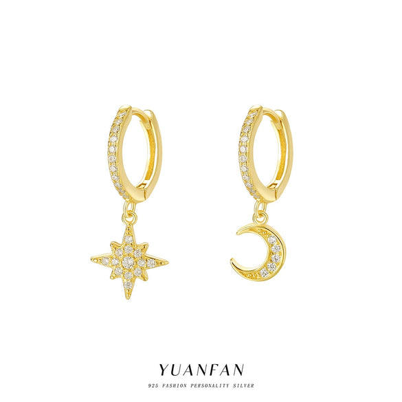 Wholesale Light Luxury Women's S925 Sterling Silver Star Moon Micropaved Earrings
