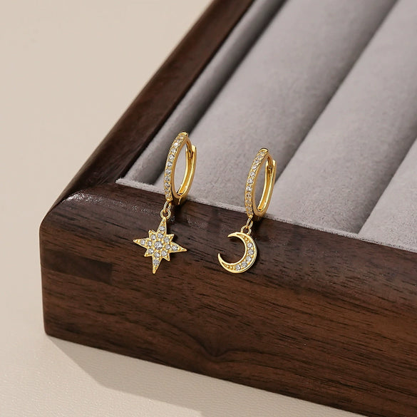 Wholesale Light Luxury Women's S925 Sterling Silver Star Moon Micropaved Earrings