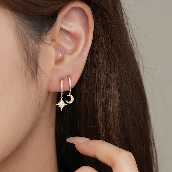 Wholesale Light Luxury Women's S925 Sterling Silver Star Moon Micropaved Earrings