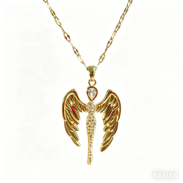Wholesale Light Luxury Women's Titanium Steel Necklace With Copper Zircon Inlaid Angel Wings Pendant