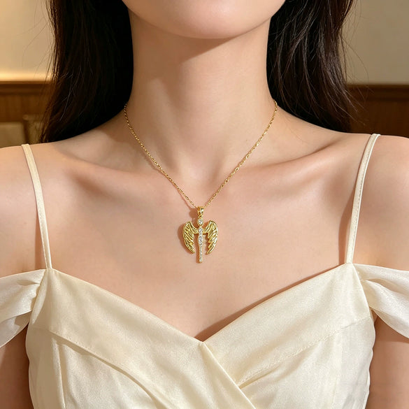 Wholesale Light Luxury Women's Titanium Steel Necklace With Copper Zircon Inlaid Angel Wings Pendant