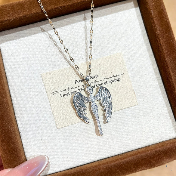 Wholesale Light Luxury Women's Titanium Steel Necklace With Copper Zircon Inlaid Angel Wings Pendant