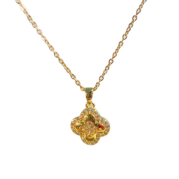 Wholesale Light Luxury Women's Titanium Steel Necklace With Zircon Inlaid Fourleaf Flower Pendant And Water Wave Chain