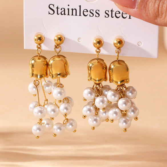 Wholesale Lily Of The Valley Green Aventurine Stone Tassel Long Elegant Geometric Stainless Steel Earrings For Women With Electroplating