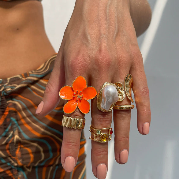 Wholesale Liquid Lava Flower Open Ring With Imitation Pearl And Gemstone Set Electroplated For Women