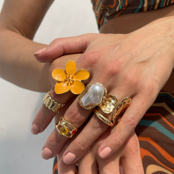 Wholesale Liquid Lava Flower Open Ring With Imitation Pearl And Gemstone Set Electroplated For Women
