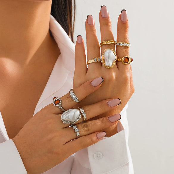 Wholesale Liquid Lava Flower Open Ring With Imitation Pearl And Gemstone Set Electroplated For Women