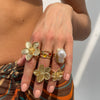 Wholesale Liquid Lava Flower Open Ring With Imitation Pearl And Gemstone Set Electroplated For Women