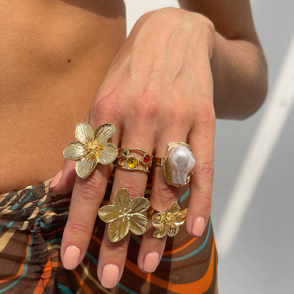 Wholesale Liquid Lava Flower Open Ring With Imitation Pearl And Gemstone Set Electroplated For Women