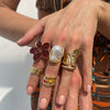 Wholesale Liquid Lava Flower Open Ring With Imitation Pearl And Gemstone Set Electroplated For Women