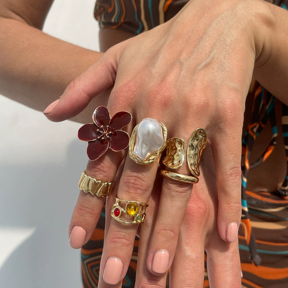 Wholesale Liquid Lava Flower Open Ring With Imitation Pearl And Gemstone Set Electroplated For Women