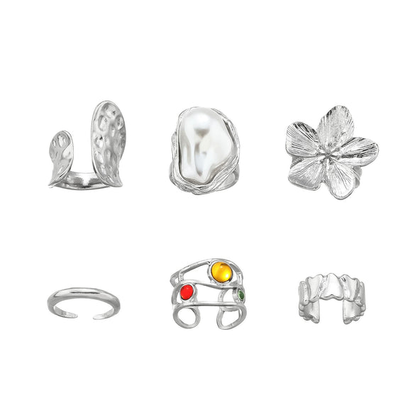Wholesale Liquid Lava Flower Open Ring With Imitation Pearl And Gemstone Set Electroplated For Women