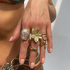 Wholesale Liquid Lava Flower Open Ring With Imitation Pearl And Gemstone Set Electroplated For Women