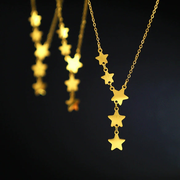 Wholesale Literary Natural Style Titanium Steel 18K Gold Plated Fivepointed Star Tassel Double Clavicle Chain Necklace For Women