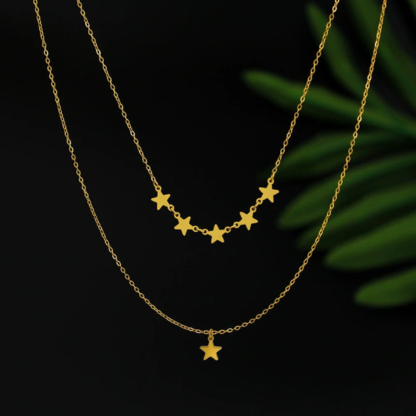 Wholesale Literary Natural Style Titanium Steel 18K Gold Plated Fivepointed Star Tassel Double Clavicle Chain Necklace For Women
