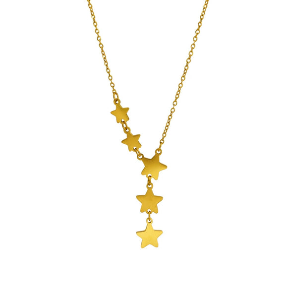 Wholesale Literary Natural Style Titanium Steel 18K Gold Plated Fivepointed Star Tassel Double Clavicle Chain Necklace For Women