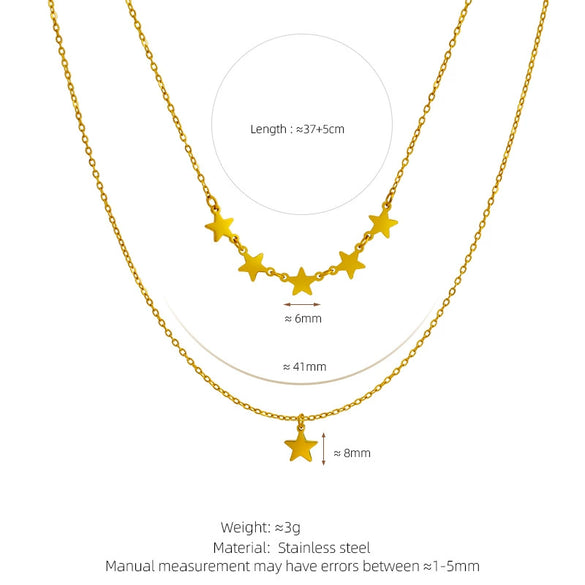Wholesale Literary Natural Style Titanium Steel 18K Gold Plated Fivepointed Star Tassel Double Clavicle Chain Necklace For Women