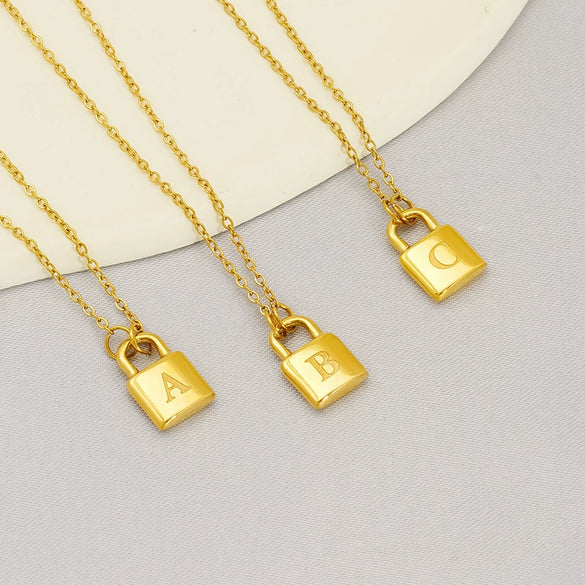 Wholesale Lock Pendant Necklace Stainless Steel With Letters Numbers Text Electroplating