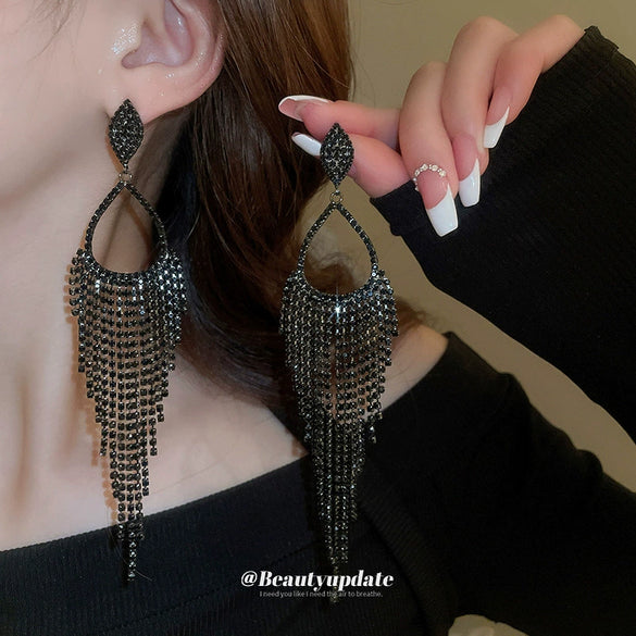 Wholesale Long Dark Style Full Diamond Water Drop Tassel Earrings Copper Geometric Silver Needle